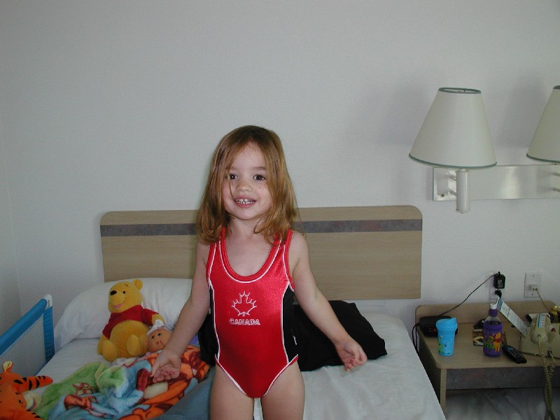 Showing off her official Canadian Olympic Swimteam bathing suit
