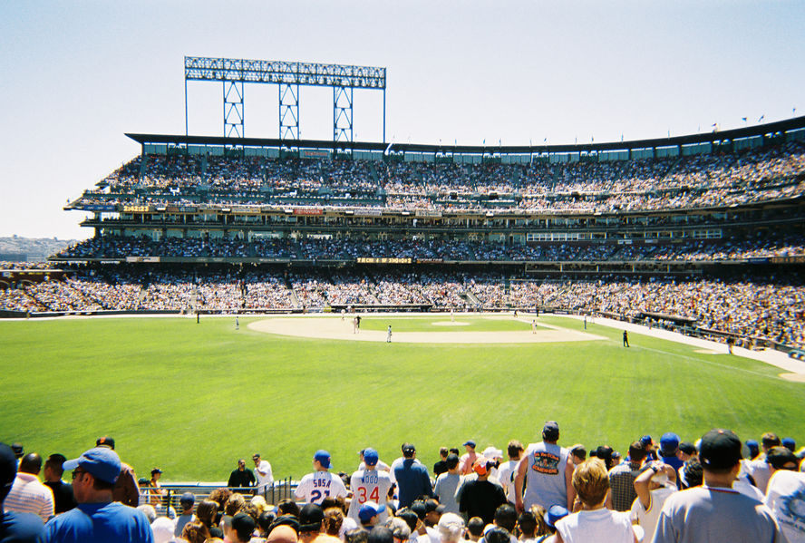 Fans celebrate a Cubs' double
