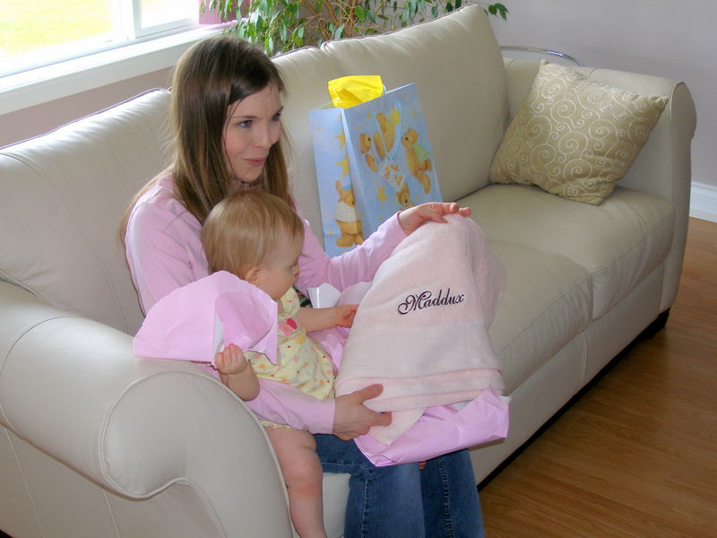 Maddi opening her gorgeous, personalized, towel
