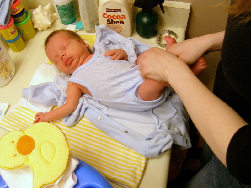 Getting ready for his first bath at home
