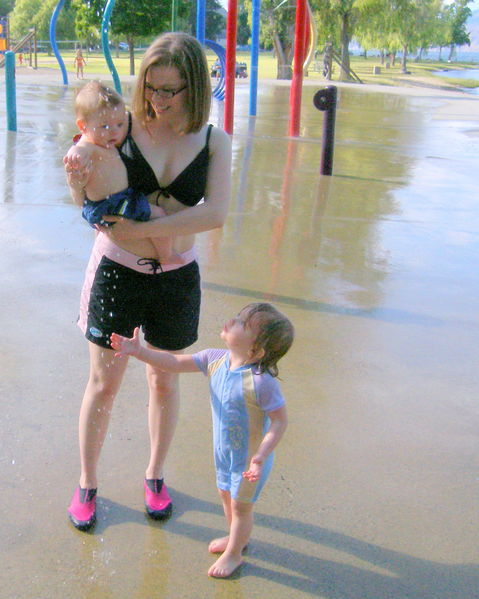 Trying to get James used to the idea of getting wet
