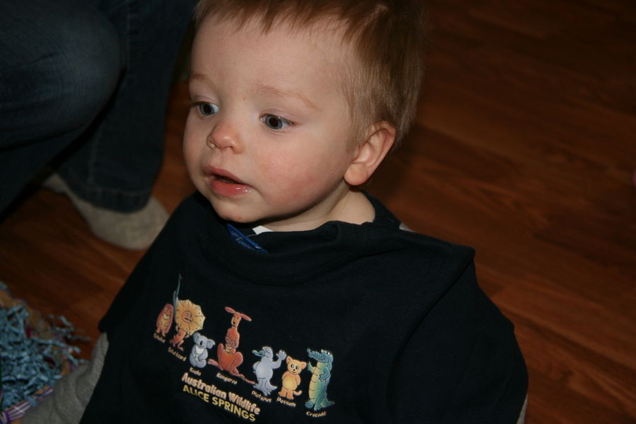 Showing off the shirt that Nana & Poppa got him in Australia
