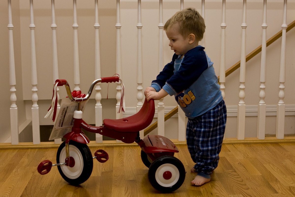 Pedaling didn't work so well, so now he's pushing it
