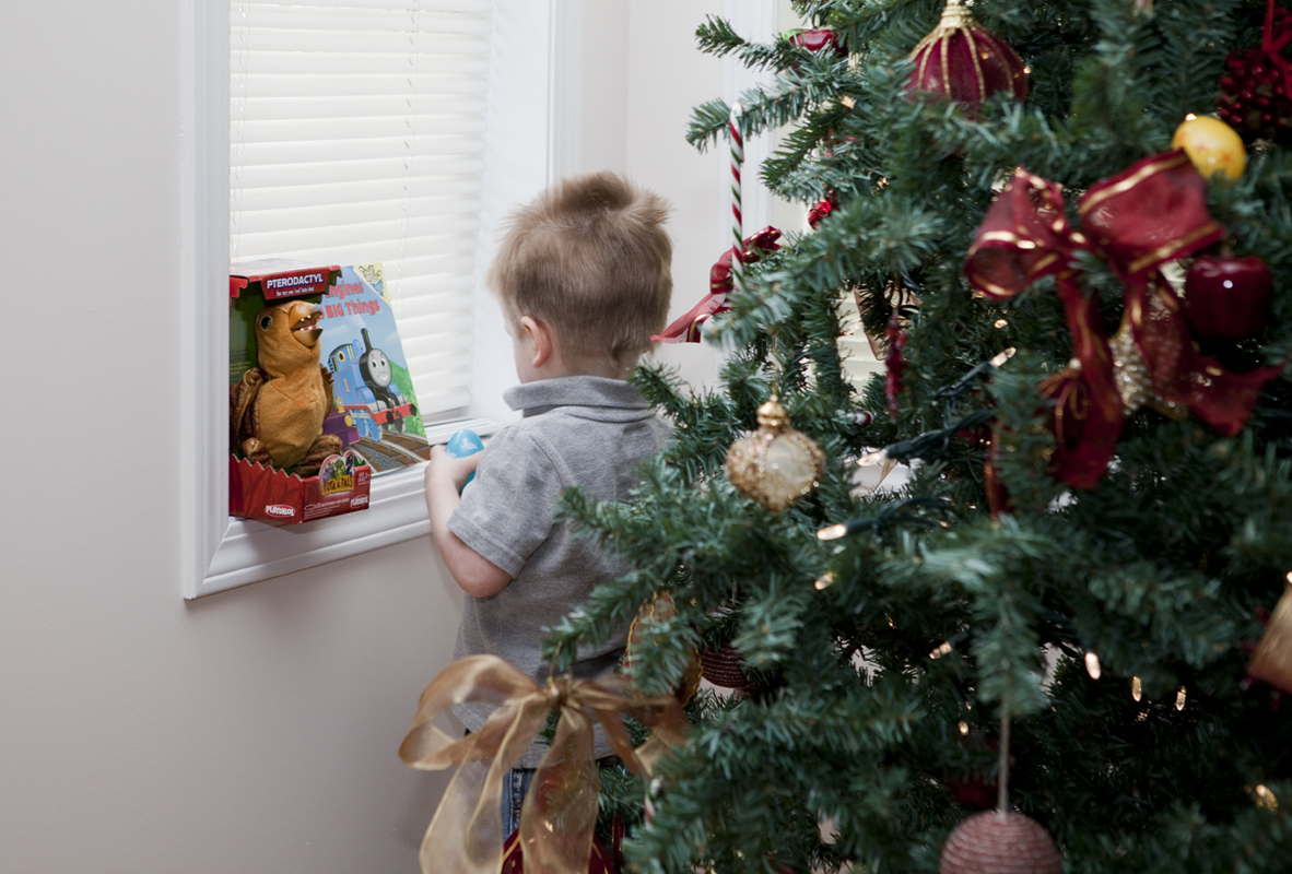James behind the Christmas tree -- yes, sadly, it is still up
