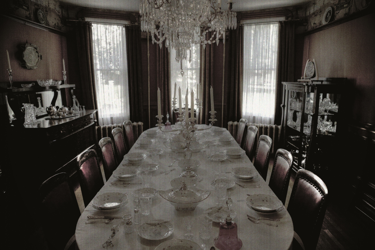 O'Keefe Ranch - mansion dining room, desaturated + grain

