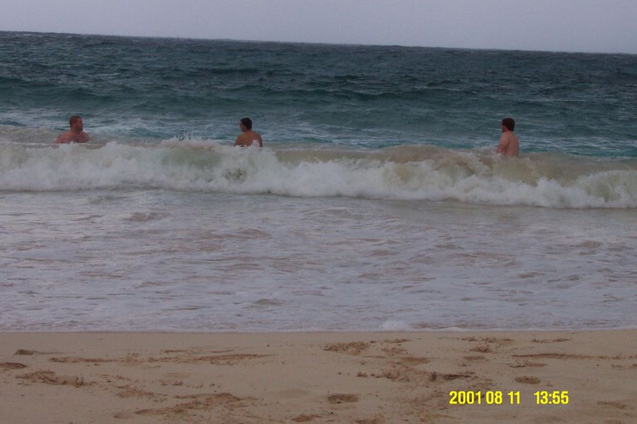 Dave, Peter and Chris body surfing at Dawn Beach (in the lightning, dummies!)
